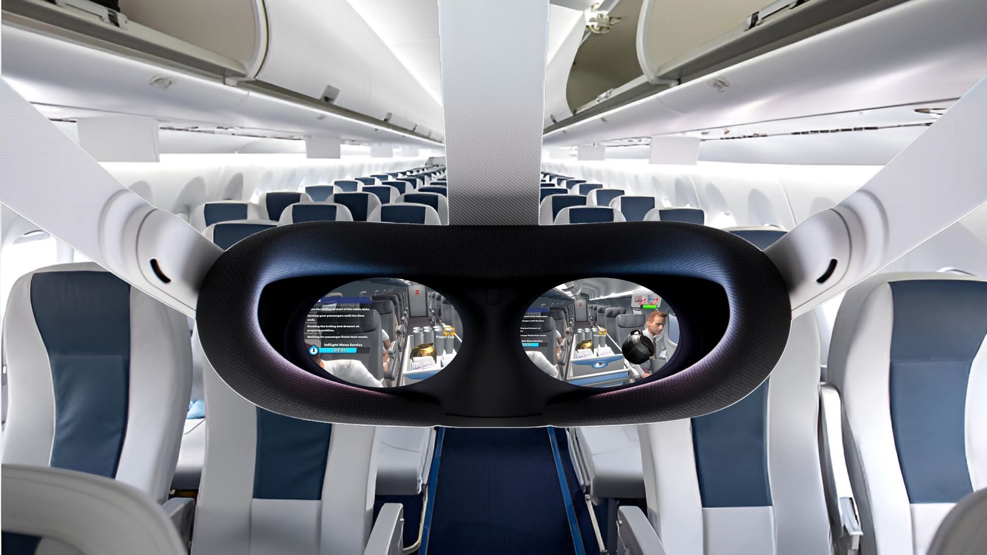 The inside of an airplane with a pair of glasses hanging from the ceiling