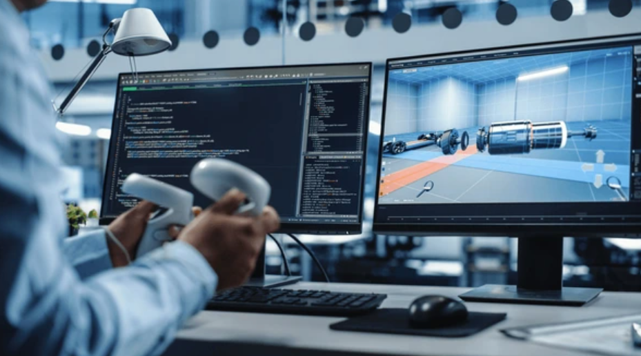 A man is holding a virtual reality controller in front of two computer monitors.