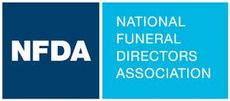 The logo for the national funeral directors association is blue and white.