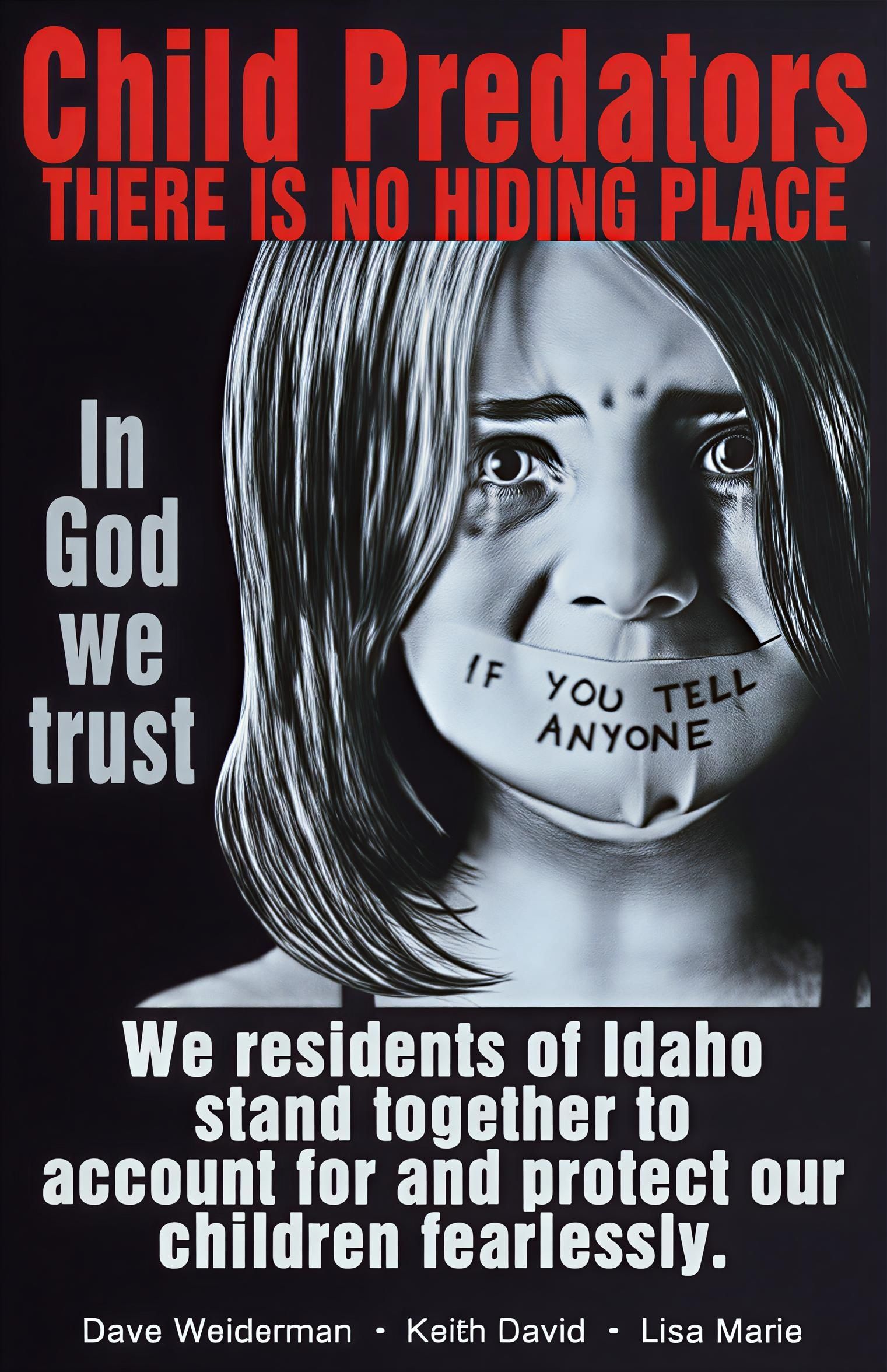 A poster warns about child predators, showing a distressed face with a gag that says, 