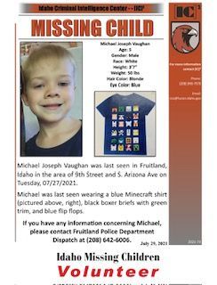 Missing person flyer for Michael Joseph Vaughan, featuring a photo of the boy and contact information for the Fruitland PD.
