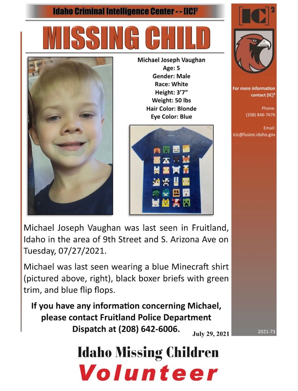Missing child flyer for Michael Joseph Vaughn, last seen in Fruitland, Idaho, on July 27, 2021. Contact (208) 642-6006.