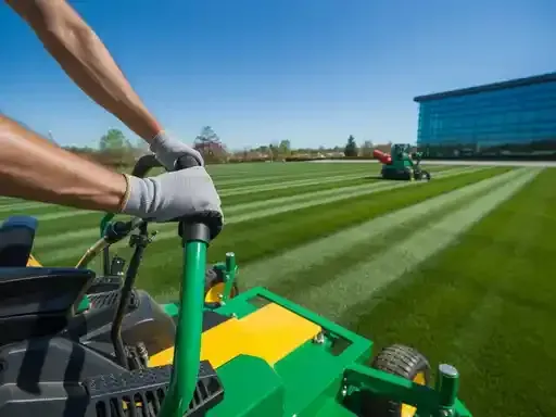 Person mowing grass with a green lawnmower, creating striped pattern; another mower in background.