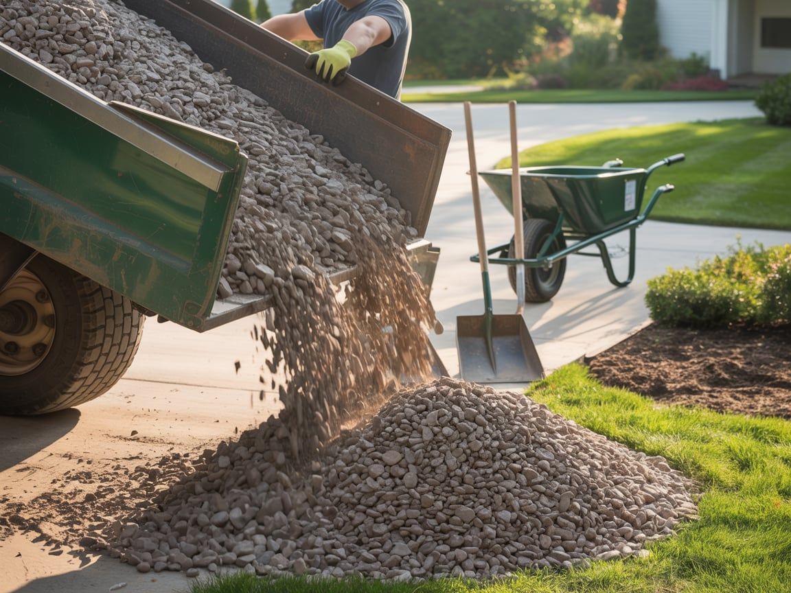 Truck bed dumping gravel on a driveway next to a lawn and a wheelbarrow.
