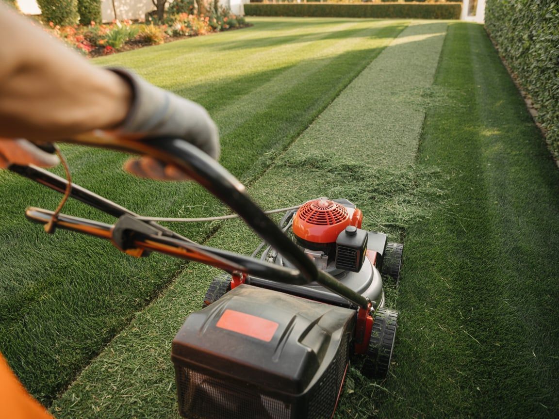 Person mowing lawn with a black and red lawnmower, creating striped pattern.