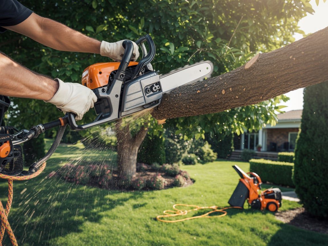 Person using chainsaw on tree branch, wearing gloves and safety harness; yard setting.