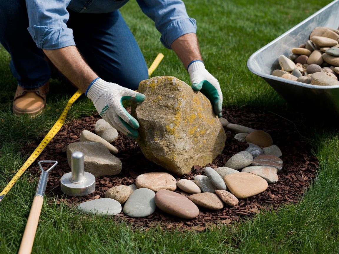 Person in gloves placing a large rock in a garden bed surrounded by smaller stones and mulch.