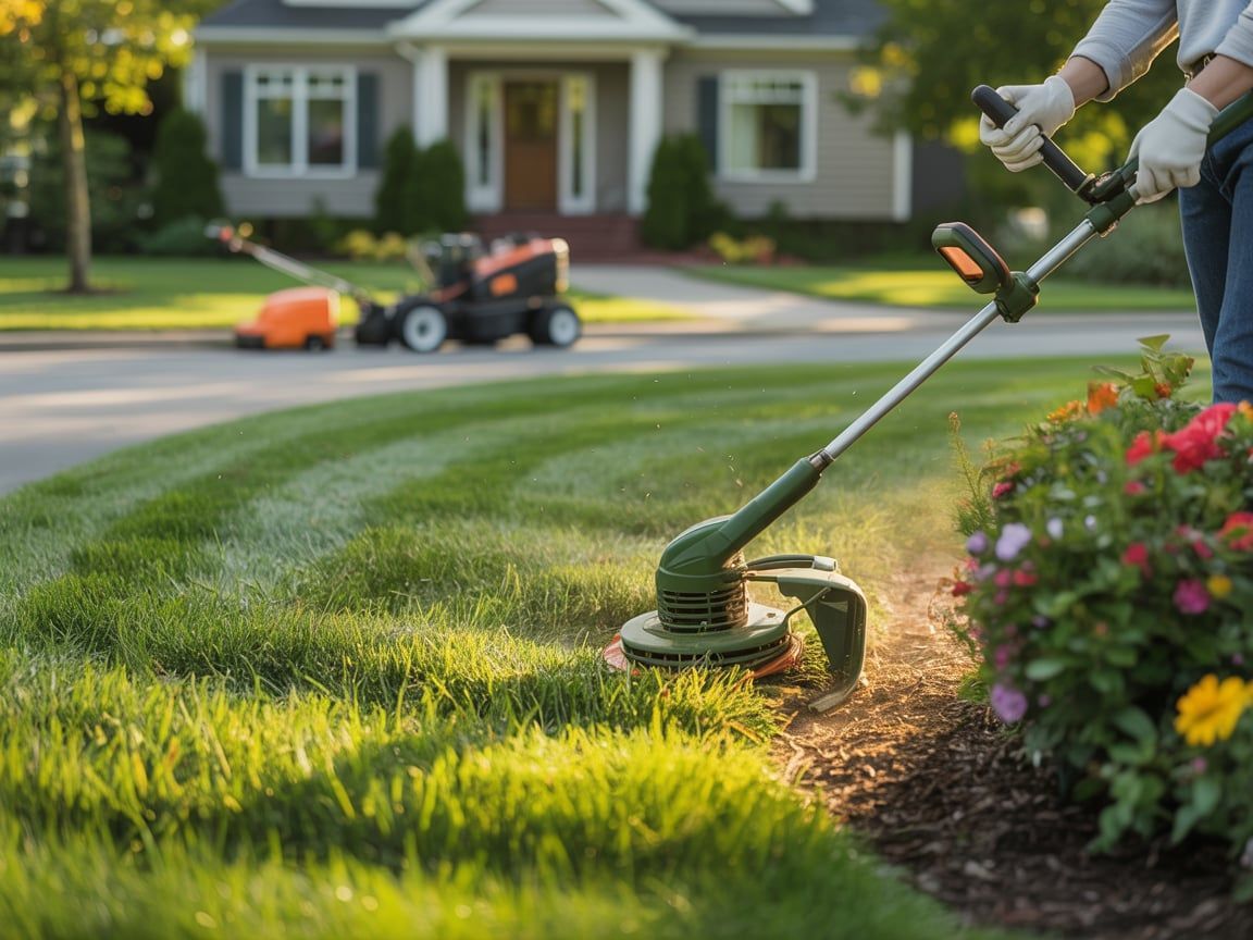 Man edging lawn with weed wacker near flowerbed and house, lawnmower in the background.