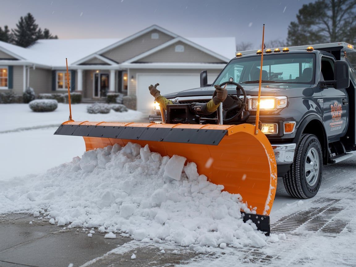Snowplow clearing snow from a residential street. Orange plow blade, gray truck, snowy conditions.