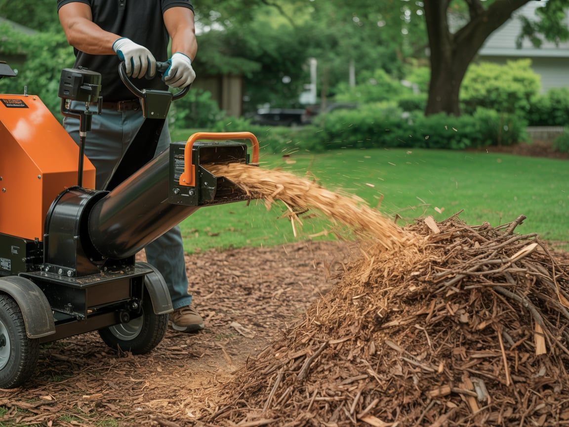 Man using wood chipper, creating a pile of wood chips in a yard.