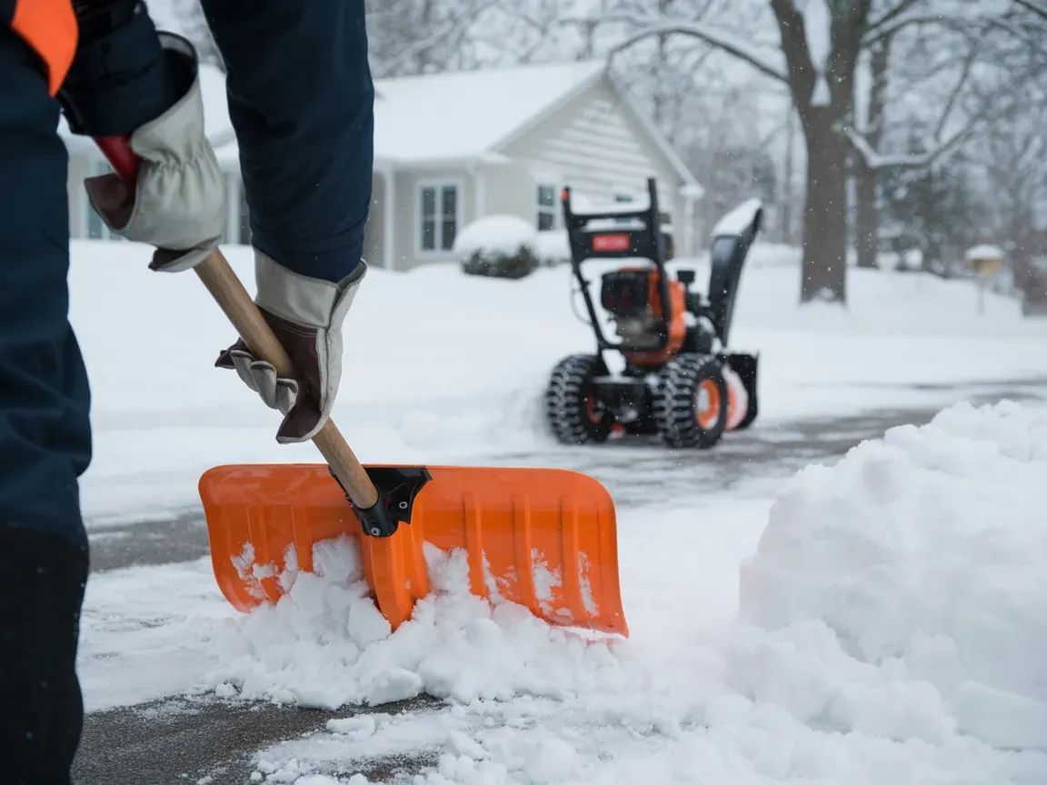 Person shoveling snow on a driveway with an orange shovel; snow blower in the background, suburban setting.