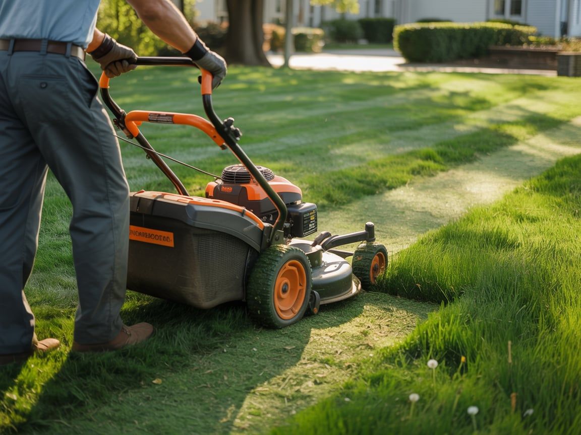 Person mowing a grassy lawn with an orange and black lawnmower in a sunny residential yard.