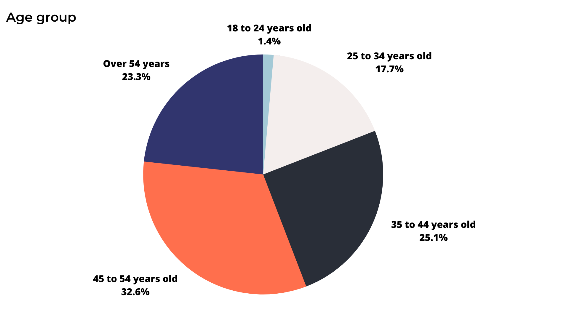 A pie chart showing the age group of people