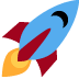 A blue rocket with red wings is flying through the air.