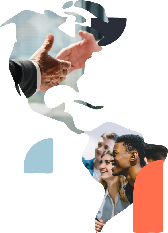 A group of people shaking hands in front of a map of the world