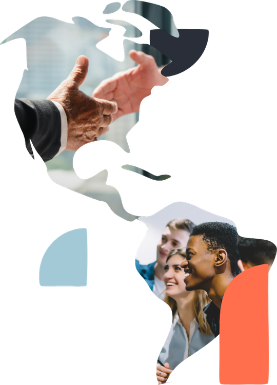 A group of people shaking hands in front of a map of the world