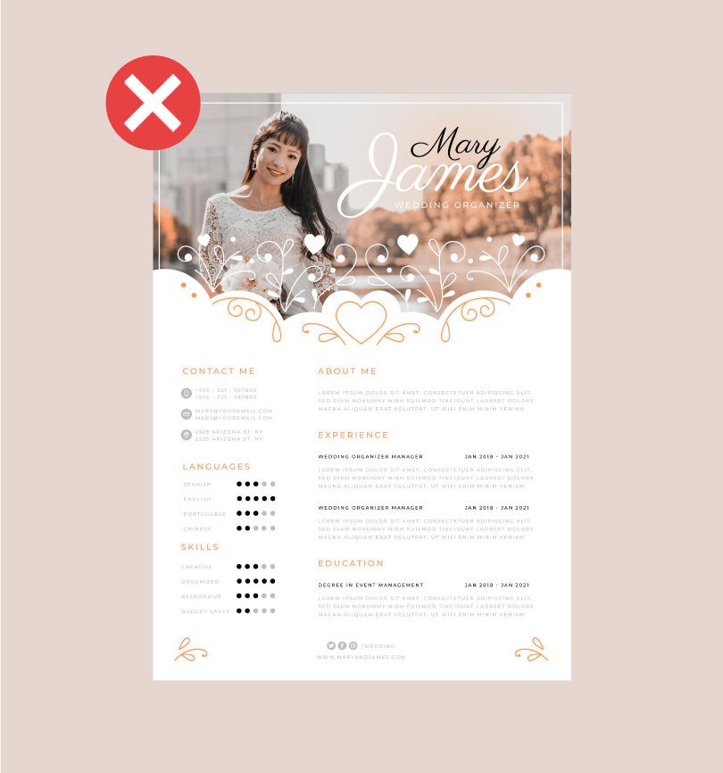 A resume with a picture of a woman and a cross on it.