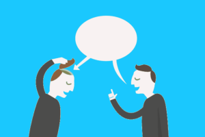 Two men are talking to each other with a speech bubble above them.