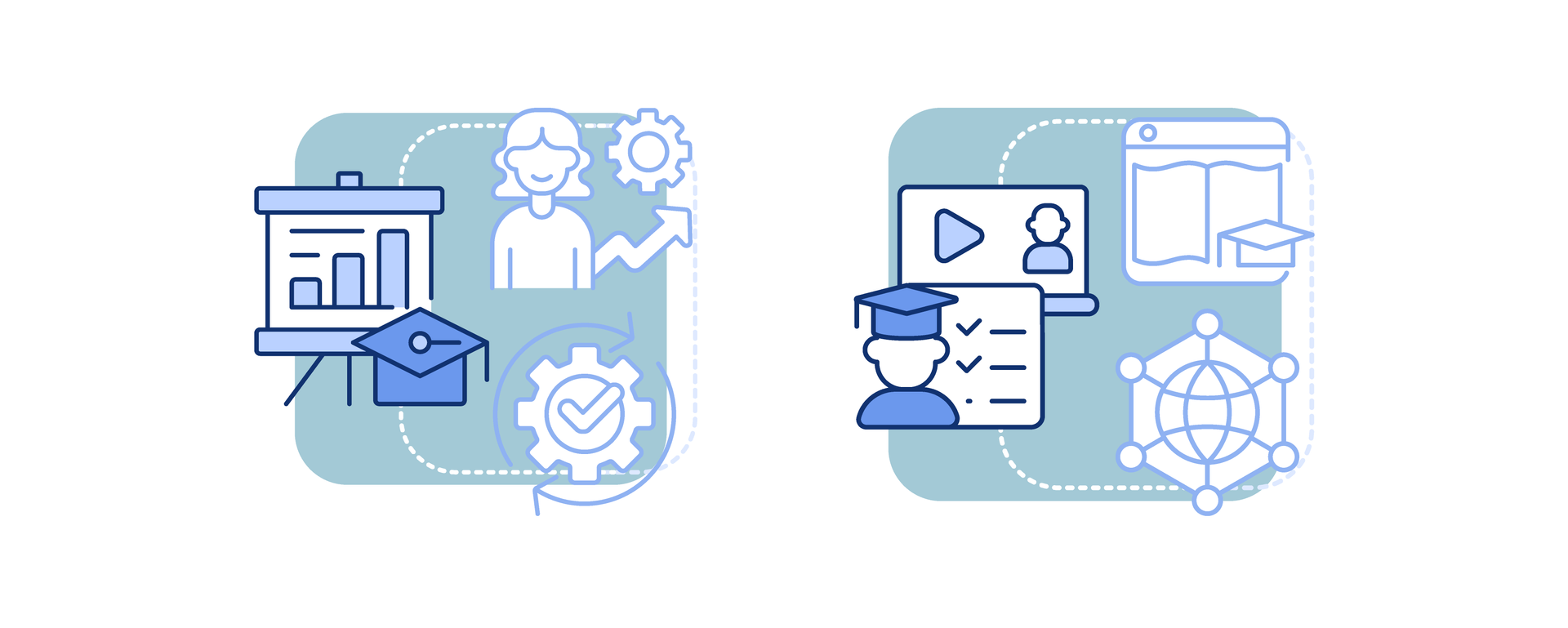 A set of icons on a white background related to education.