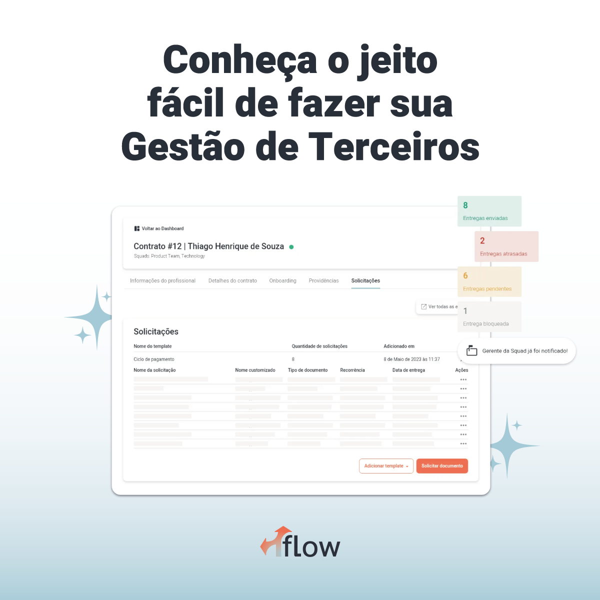 A computer screen with the words `` conheca o jeito fácil de fazer sua gestão de terceiros '' on it.