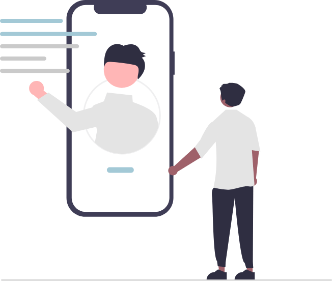 A man is standing next to a cell phone with a man on it.