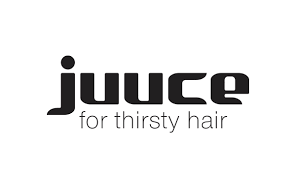 A black and white logo for juice for thirsty hair.