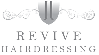 The logo for revive hairdressing has a shield and swirls on it.