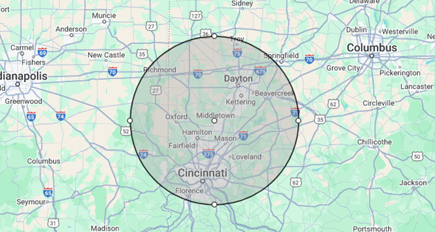 A map of a city with a circle around it.
