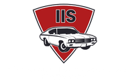A white car is on a red shield with the word iis on it.
