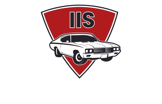 A white car is on a red shield with the word iis on it.