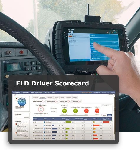 A person is pointing at a tablet with the words eld driver scorecard on the bottom