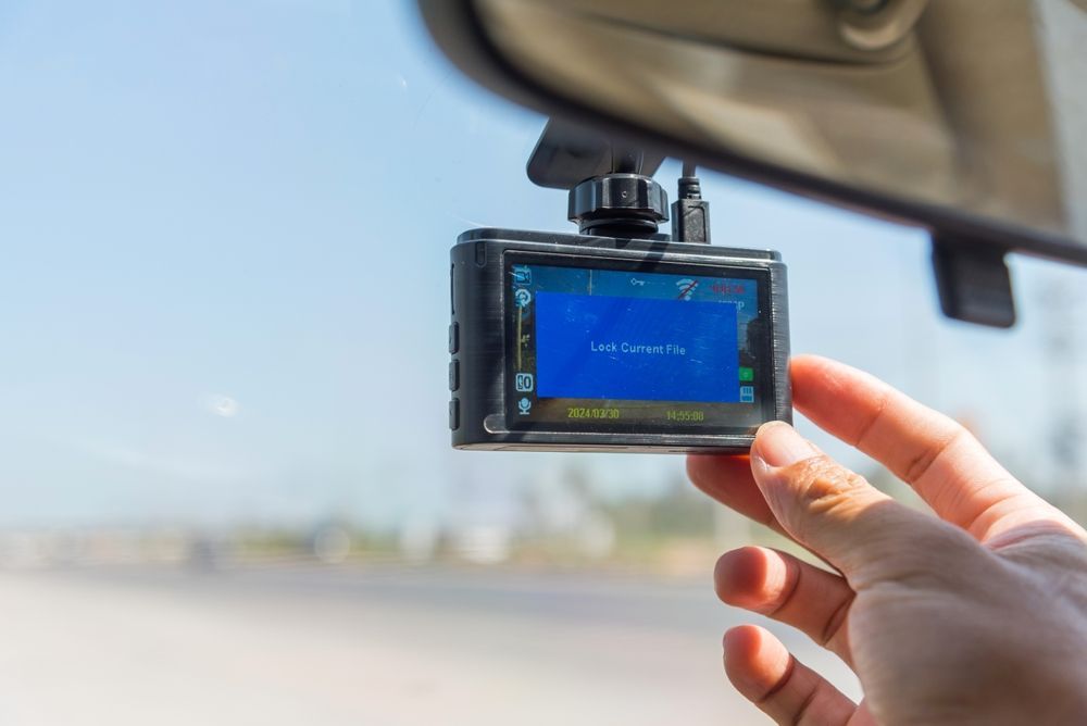 A person is holding a dash cam in their hand.