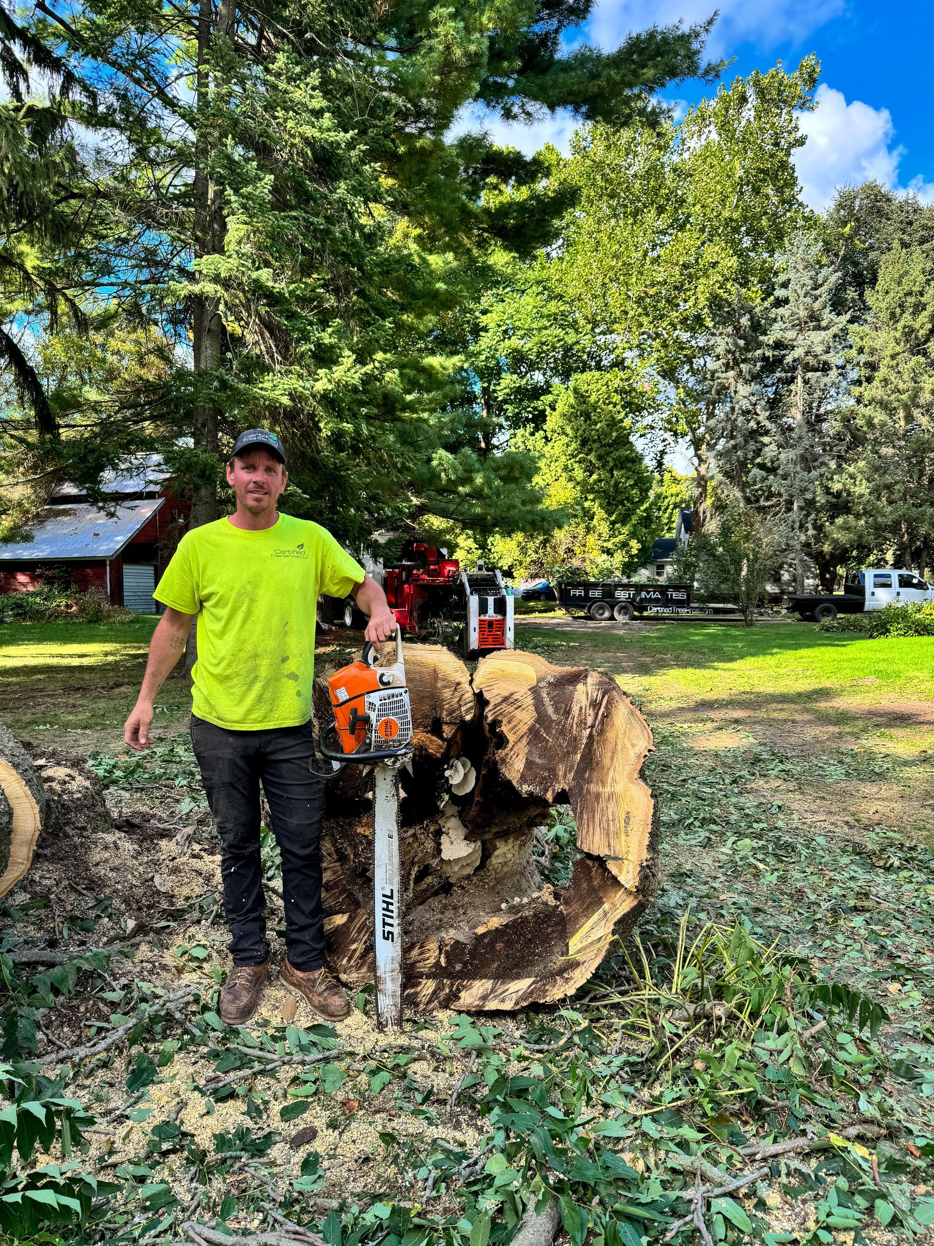 A man is cutting a tree branch with a chainsaw.