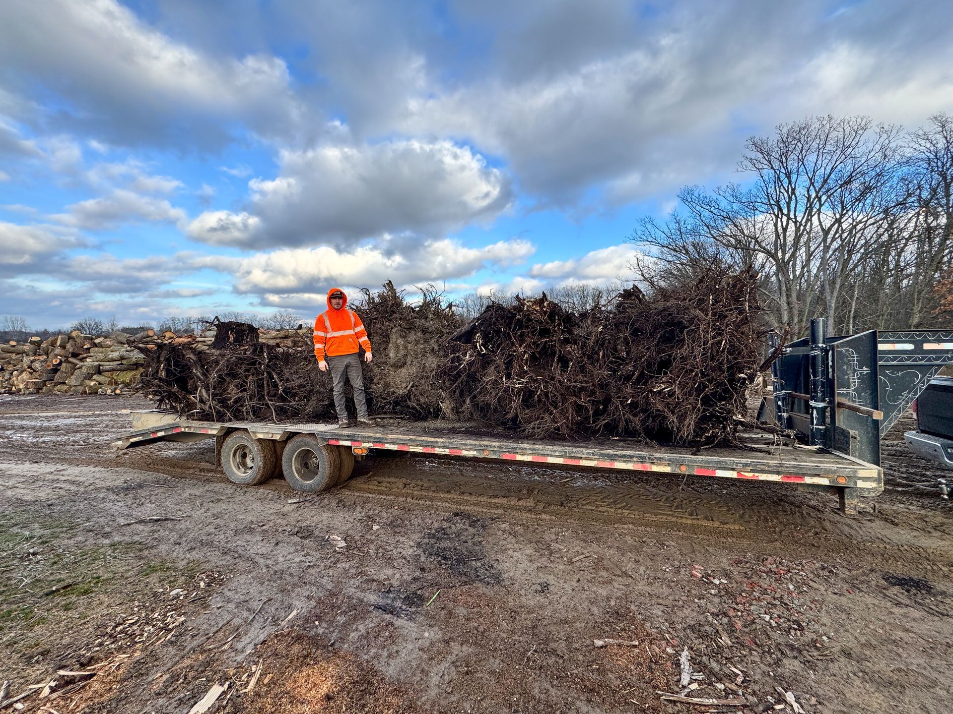 Person in orange vest on trailer loaded with brush under cloudy sky.