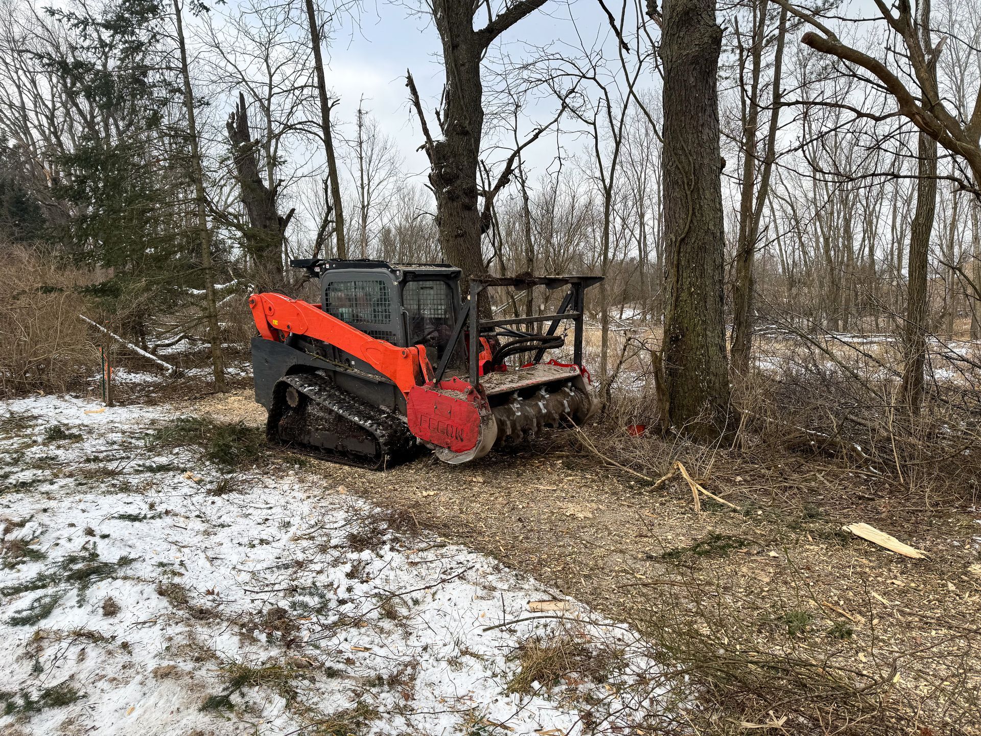 Orange and black track loader mulching trees in a snowy forest.