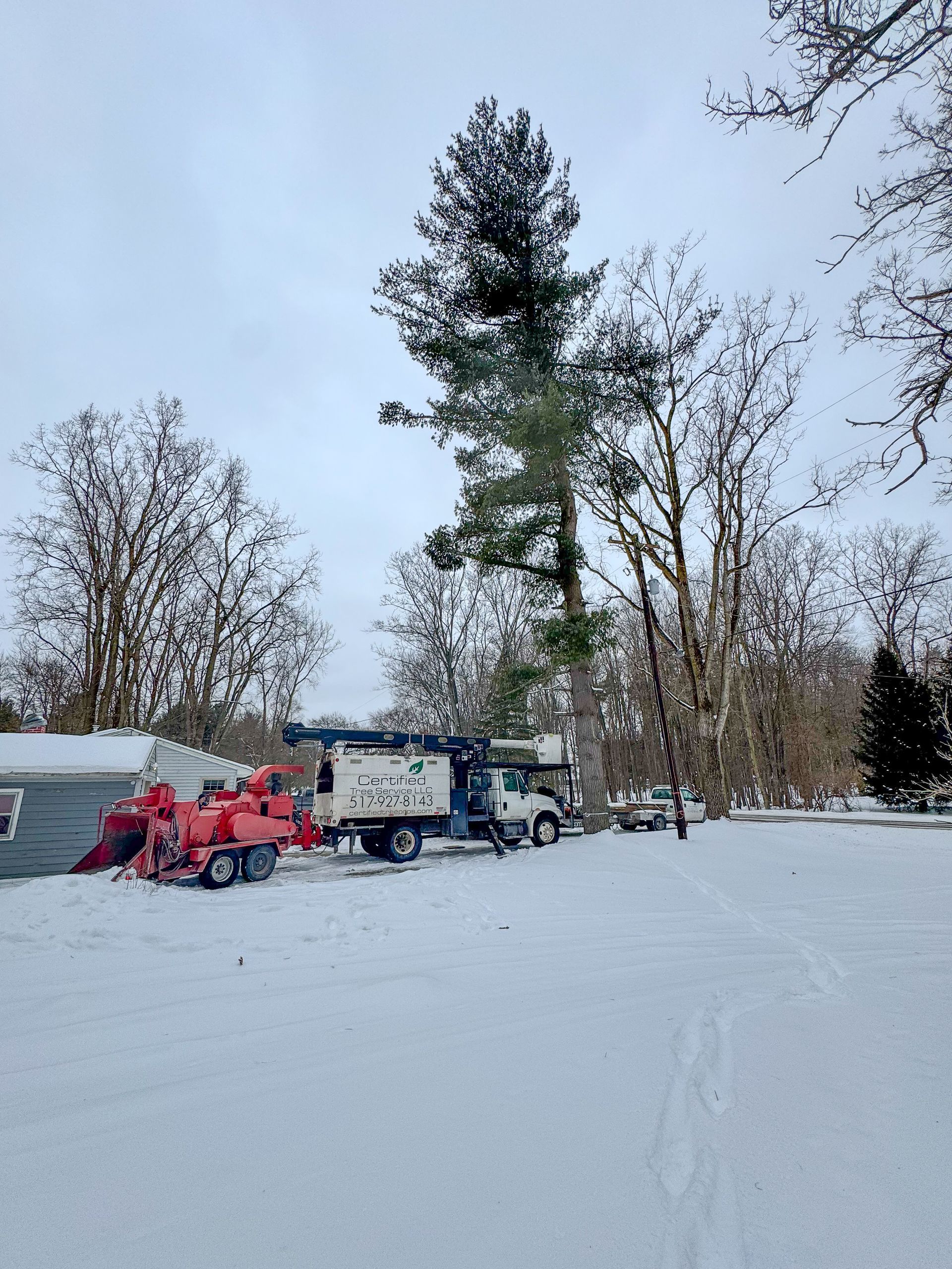 Snowy scene: tree being cut down with a wood chipper and truck parked in front of a house.