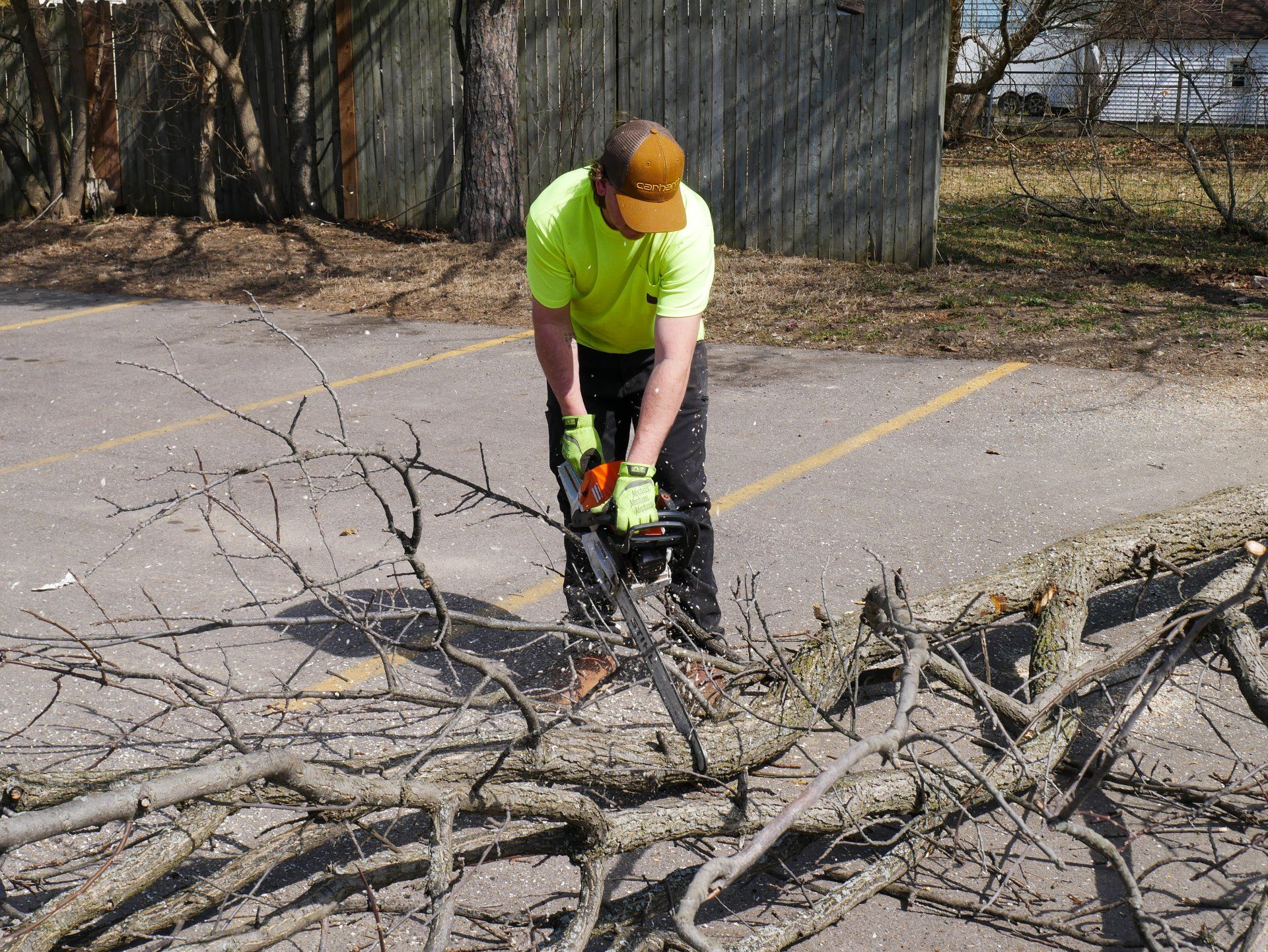 A man is cutting a tree branch with a chainsaw.