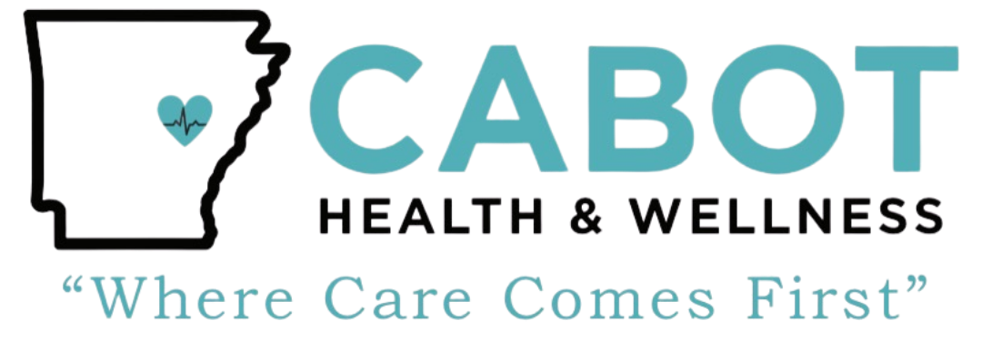 Logo for Cabot Health & Wellness, featuring Arkansas outline with heart,