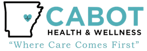 Logo for Cabot Health & Wellness, featuring Arkansas outline with heart, 
