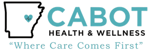 Logo for Cabot Health & Wellness: Arkansas outline with a heart, text 