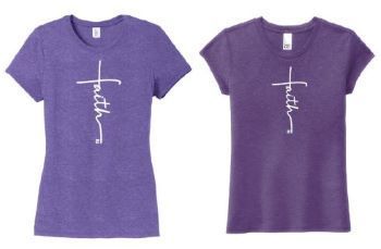 Two purple t-shirts with the word faith on them