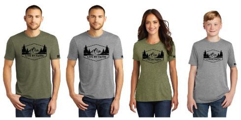 A group of people wearing t-shirts with mountains and trees on them.