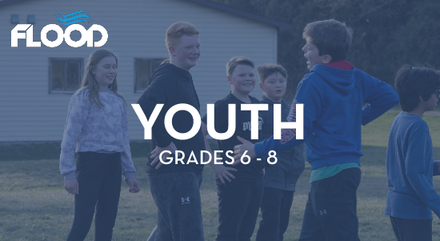 A group of young people standing in a field with the words youth grades 6 - 8 on the bottom
