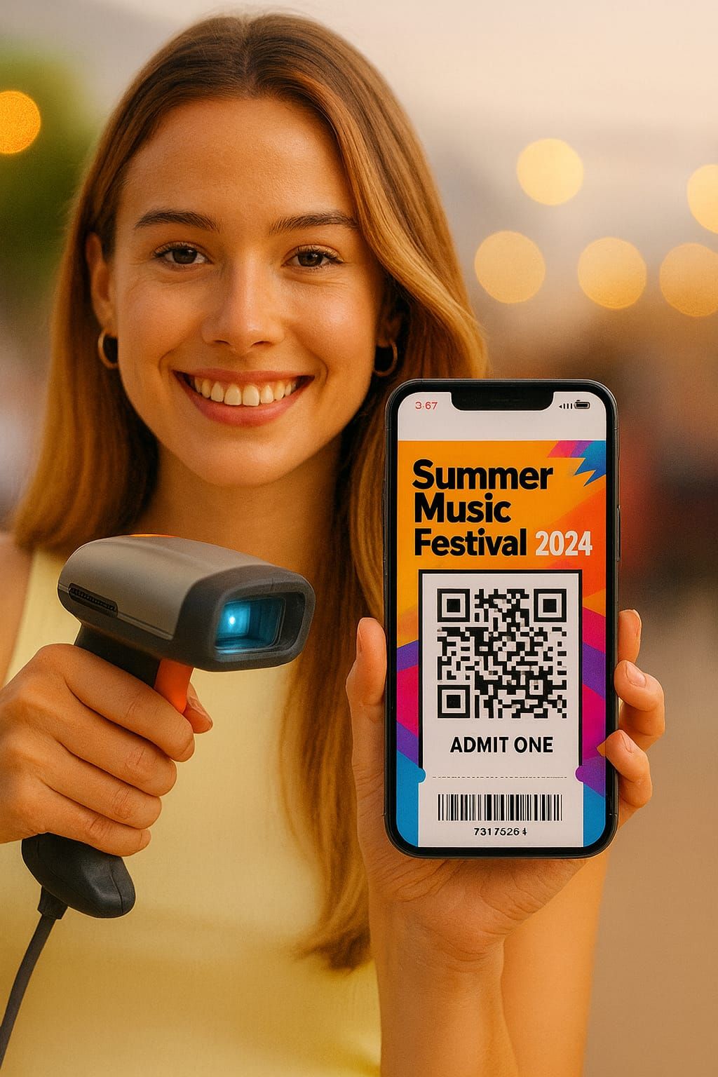 Woman scanning a ticket with a barcode scanner at a Summer Music Festival.