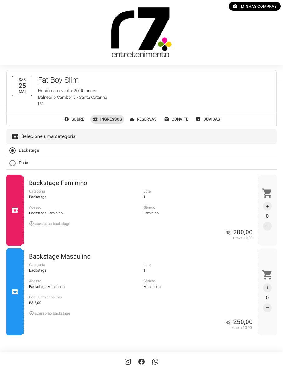 Tela de uma loja personalizada na aba ingressos