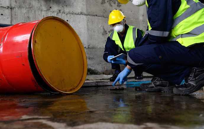 Two men are kneeling down next to a large barrel.