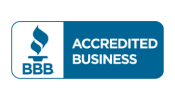 A blue and white accredited business logo with a flame on it.