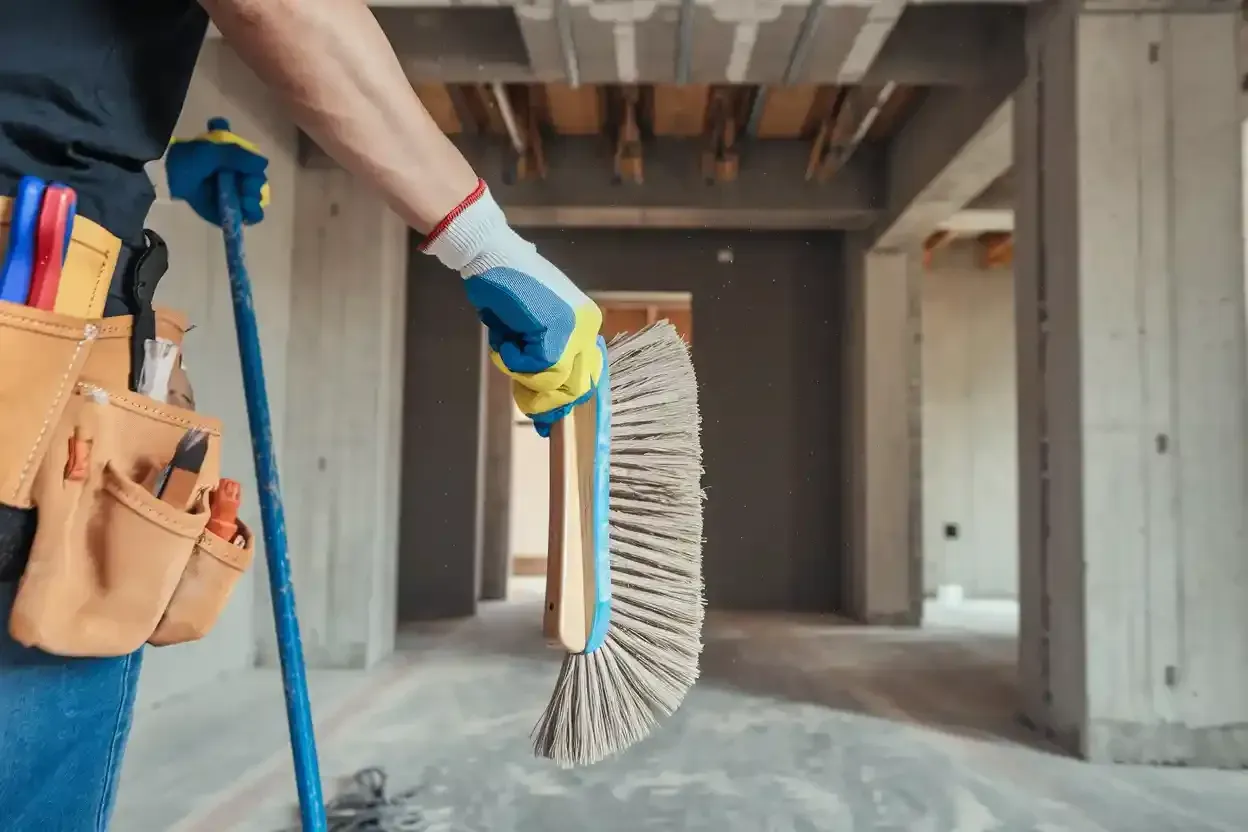 A man is holding a broom in a building under construction.