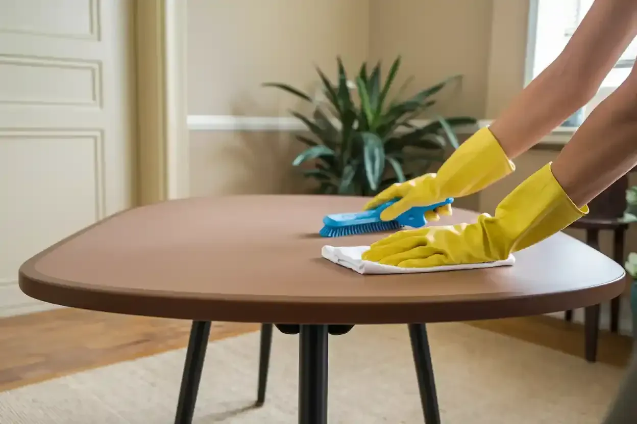 A person wearing yellow gloves is cleaning a table with a cloth and brush.