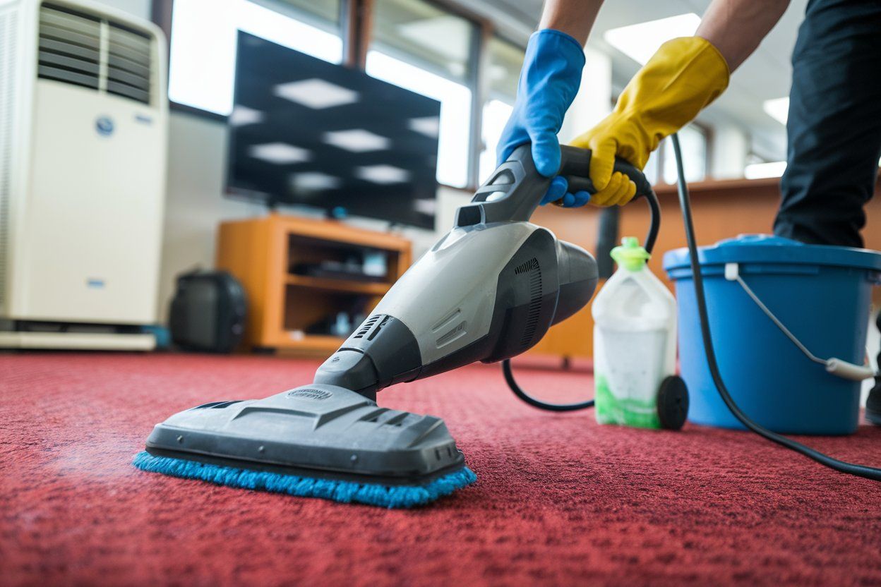 A man is cleaning a carpet with a machine in an office.